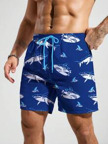 Manfinity Swimmode 男士夏季沙滩度假宽松鲨鱼印花抽绳腰带侧口袋沙滩短裤 - 藏蓝色 - 查看 3