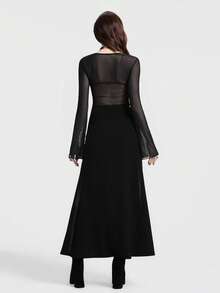 Breakform Gothic Punk Black Lace Sexy Elegant  Music Festival  Cool Girl   Minimalist Gothic Women's Gothic Style Sexy Semi-Sheer Mesh Round Neck Flare Sleeve Fitted T-Shirt - Black - View 2