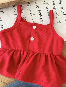 SHEIN 2pcs/Baby Girls, A Sweet Spring/Summer Outing Outfit: A Red Halter Top With Ruffled Details And Faux Cherry Embroidery, Paired With Denim Culottes And A Two Pieces Skirt - Red - View 3