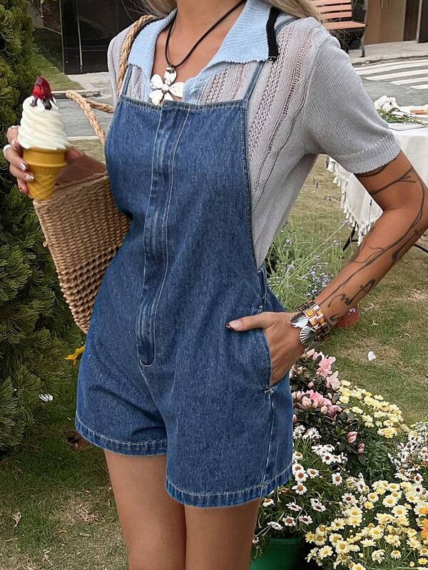 DAZY Women's Summer Backless Criss-Cross Strap Casual Denim Bib Shorts