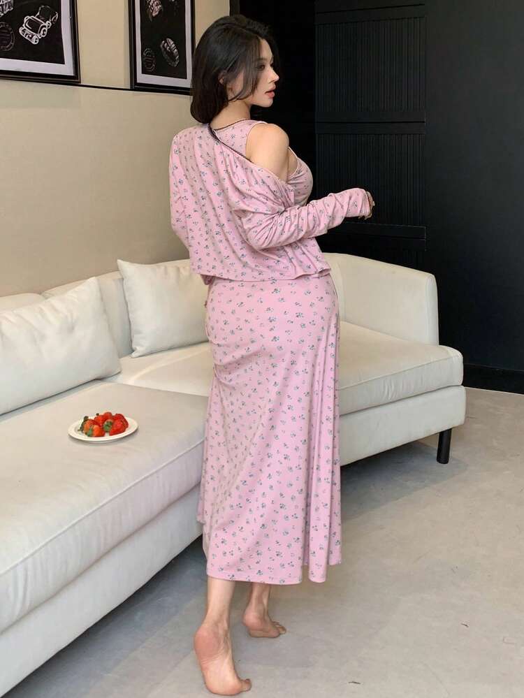 2pcs/Set Ditsy Floral Long Sleeve Cardigan & Maxi Slip Dress, Women Spring Sleepwear Outfit