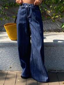 DAZY Women's Criss-Cross Waist Striped Vacation Jeans - Blue - View 5