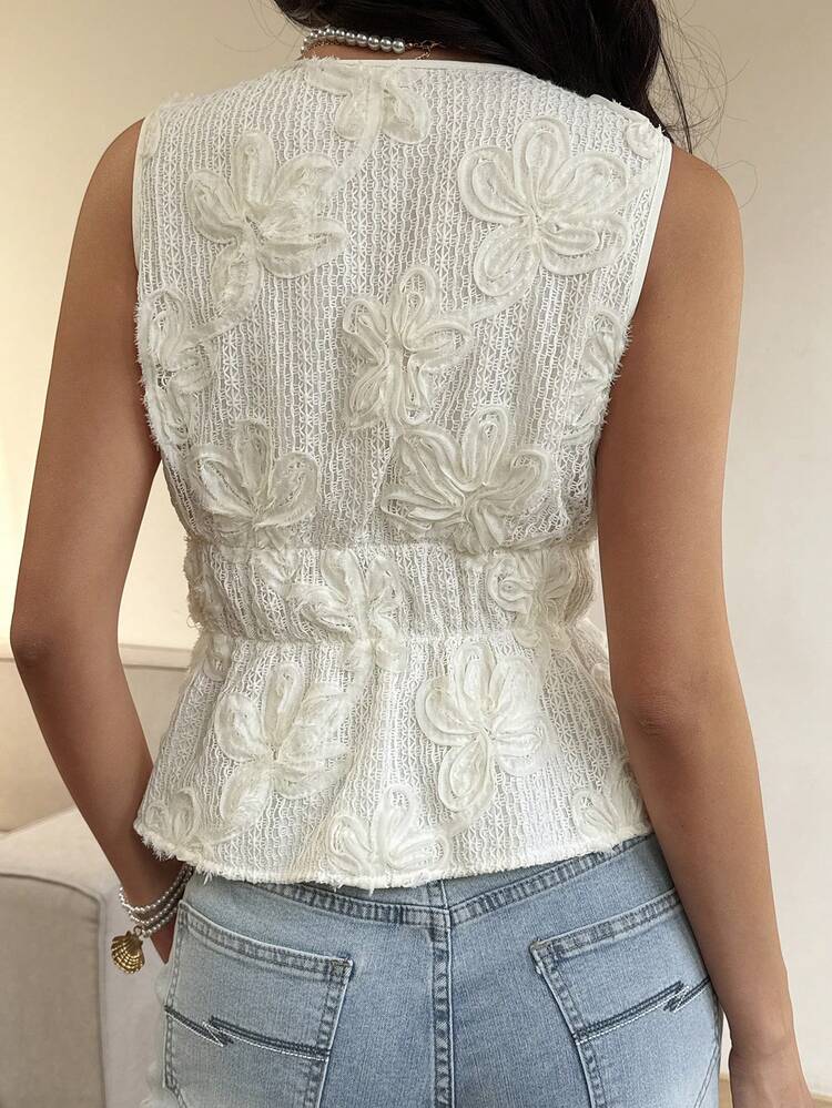 Women's Solid Color Textured Mesh Embroidered V-Neck Sleeveless Tie Front Elegant Vacation Top, Spring/Summer