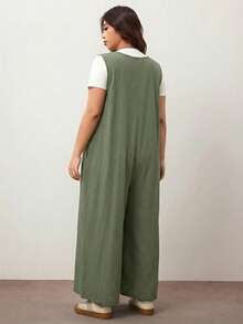 Enliva Macacão feminino plus size de pernas largas com amarração frontal e bolsos, modelagem solta, ideal para corpo tipo maçã/Ano Novo (2026), perfeito para o verão. - Verde de Exercício - Ver 3