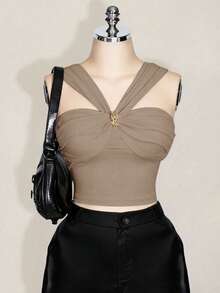 SHEIN MOD Plus Size V-Neck Metal Decor Black Shirt, Hippie, Streetwear, Coachella, Sexy, Clubwear, Outerwear - Camel - View 1