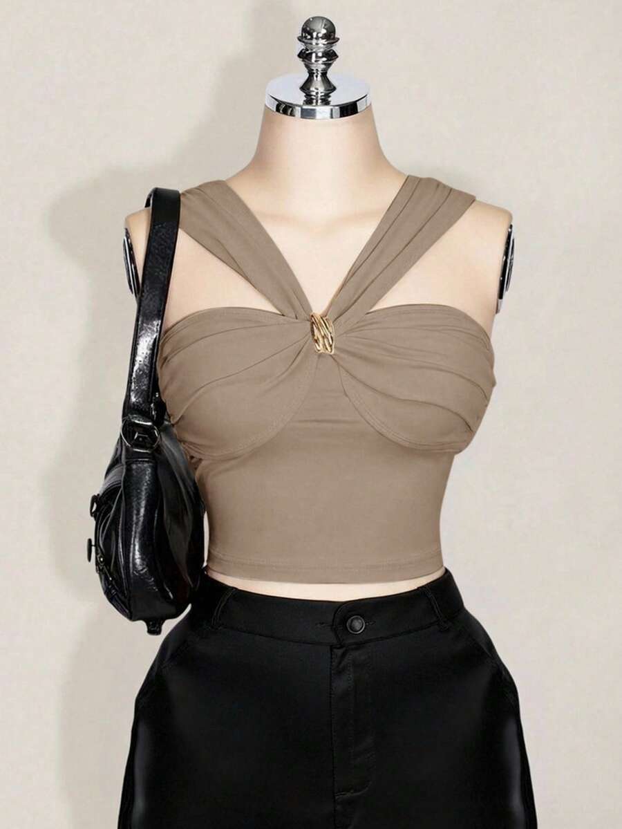 SHEIN MOD Plus Size V-Neck Metal Decor Black Shirt, Hippie, Streetwear, Coachella, Sexy, Clubwear, Outerwear - Camel - View 1