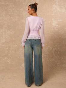 Lumalex 蕾丝边饰松紧腰带柔软网纱泡泡袖荷叶边下摆女式衬衫 - 淺粉色 - 查看 2