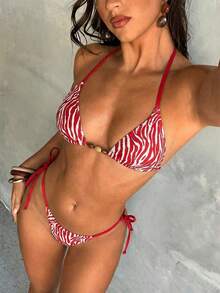 Aloruh 女士夏季新款扎染印花比基尼套装，性感派对音乐节炫彩贝壳装饰女士泳装，女士沙滩装，女士度假装 - 紅白色 - 查看 6