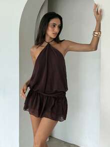 Aloruh Purple Chiffon Backless Jumpsuit, Elegant For Commute, Daily, Party, Vacation - Purple - View 5