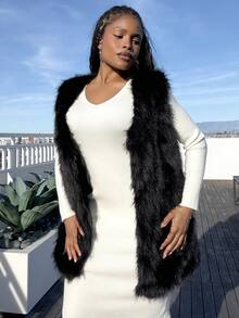 Tyla Gomez Elegant Women Black Faux Fur Vest Sleeveless Regular Length V Neck Jacket Stylish And Comfortable For Any Occasion - Black - View 6
