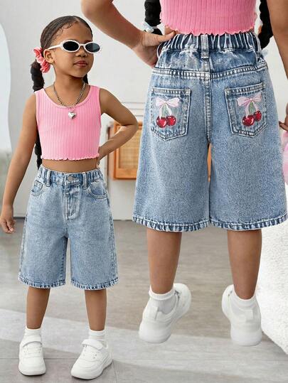 SHEIN Young Girl Y2K New Fashion Casual Soft Boho Pink Bowknot And Cherry Print Light Blue Loose Fir Cotton Denim Long Jeans Shorts Spring Summer,For Spring/Summer Dailywear,Streetwear,Beach,Vacation, Casual, Graphic Jeans,Short,4-Year-Old Shorts,Summer Shorts,Casual Shorts,Bowknot Shorts,Cherry Shorts