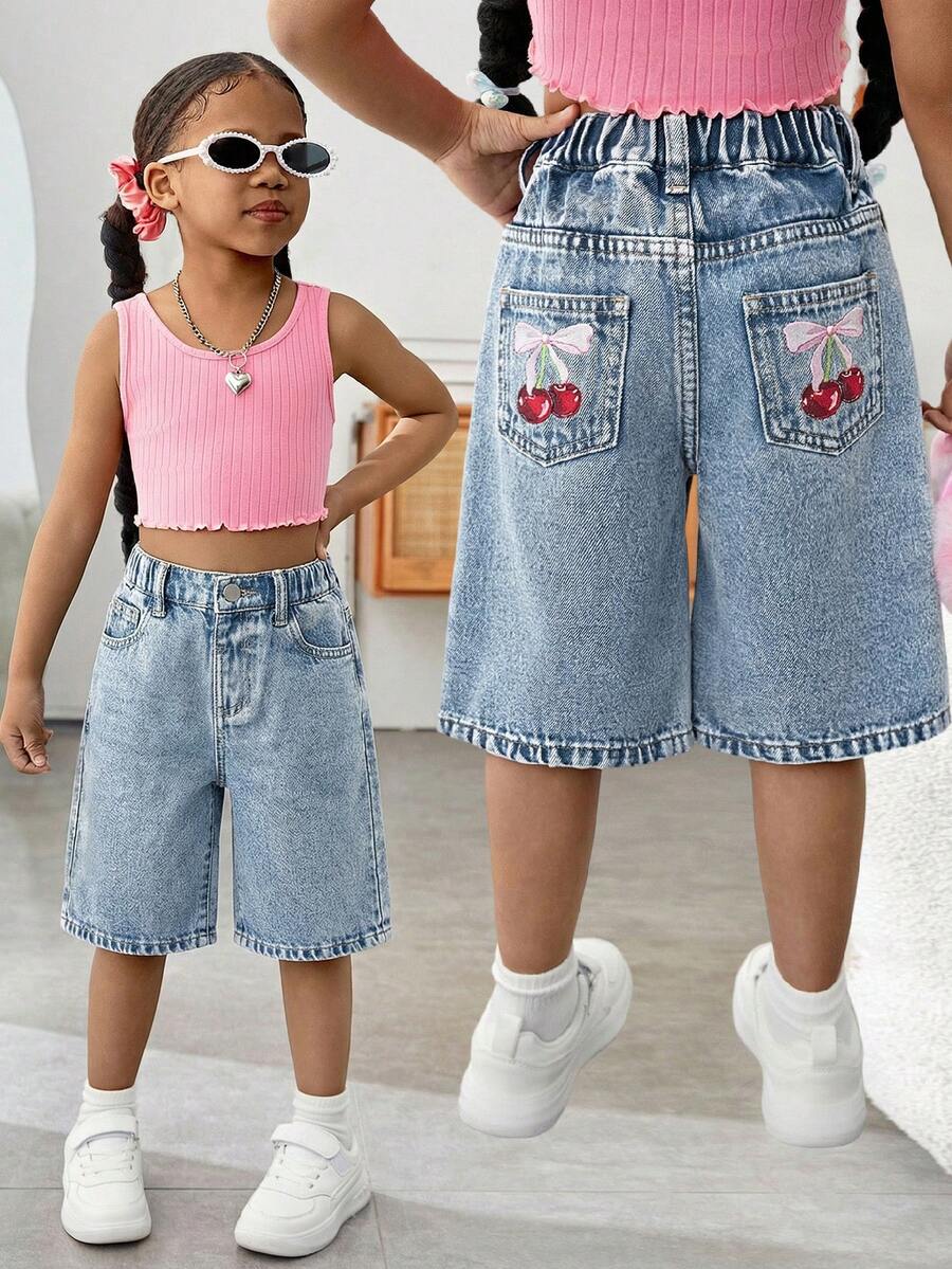 SHEIN Young Girl Y2K New Fashion Casual Soft Boho Pink Bowknot And Cherry Print Light Blue Loose Fir Cotton Denim Long Jeans Shorts Spring Summer,For Spring/Summer Dailywear,Streetwear,Beach,Vacation, Casual, Graphic Jeans,Short,4-Year-Old Shorts,Summer Shorts,Casual Shorts,Bowknot Shorts,Cherry Shorts - Light Wash - View 1