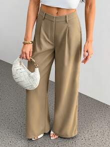 SHEIN Tall Quần ống rộng cạp cao màu trơn, kiểu dáng thường ngày, đa năng, phù hợp cho người cao, phong cách thu đông. - Màu Khaki - Xem 6