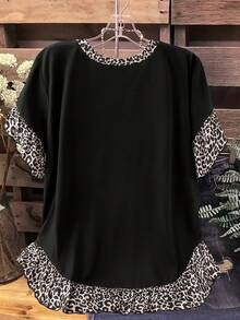 Linhara Plus Size Summer Casual Leopard Print Ruffle Trim T-Shirt Leopard Print Top Black Leopard Print Top - Black - View 2