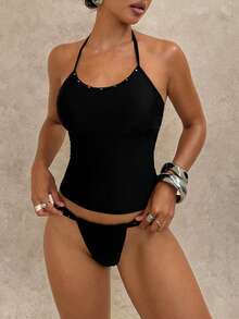 Swim Glamine Women's Solid Color Rivet Decor Halter Backless Top And Triangle Bottoms Tankini Set - Black - View 3