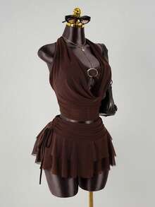 SaltGleam SaltGleam Women Metal Buckle Decor Draped Neck Top And Side Drawstring Double Layer Ruffle Mini Skirt 2 Pieces Set - Brown - View 5