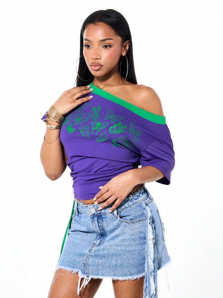 SUMWON Off Shoulder Butterfly Print Asymmetric Ruched Jersey Top With Green Trim Detail Short Sleeves