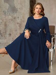 Roveilla 大码女式长袖圆领系带通勤连衣裙，优雅收腰连衣裙，饰有闪亮串珠装饰 - 藍色 - 查看 7