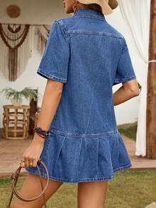 EMERY ROSE 女士休闲褶皱牛仔连衣裙，夏季 - 深色水洗藍 - 查看 2