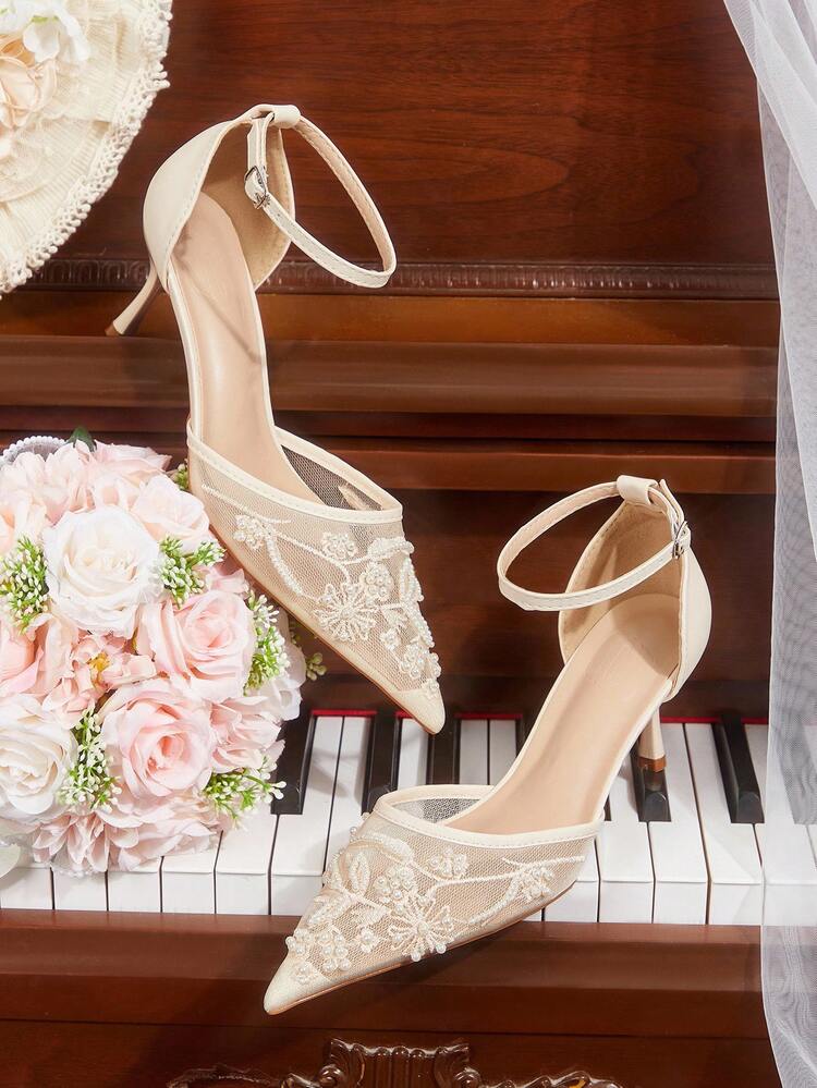 CUCCOO HITCHD Women Shoes Spring And Summer New Pearl Embroidery Pointed Toe Thin Heel Buckle 6.5cm Women's High Heel Shoes Elegant Mesh Splicing Solid Color Commuter Dating Wedding Bridesmaid Shoes