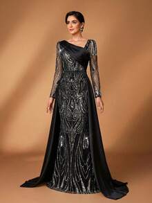 Serin 优雅奢华的刺绣亮片拼接缎面袖美人鱼长裙，蓬松裙摆，适合婚礼、活动、派对、度假、舞会、新娘母亲正式礼服等场合。 - 黑色 - 查看 6