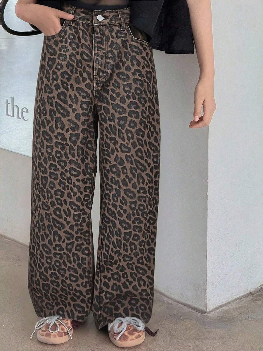 Dazy Kids Tween Girls' Leopard Print Pocket Button Casual Versatile Daily Wear Wide Leg Jeans - Brown - View 1
