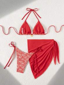 Swim Mod 3件套夏季沙滩度假印花纹理面料金色花朵装饰吊带上衣、侧系带泳裤和纯色网纱裙沙滩比基尼套装 - 紅色 - 查看 2