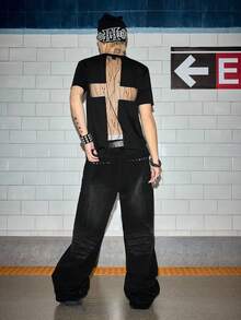 ROMWE MEN Grunge Punk Men's Sexy Mesh Patchwork Backless Short Sleeve T-Shirt, Spring/Summer - Black - View 1