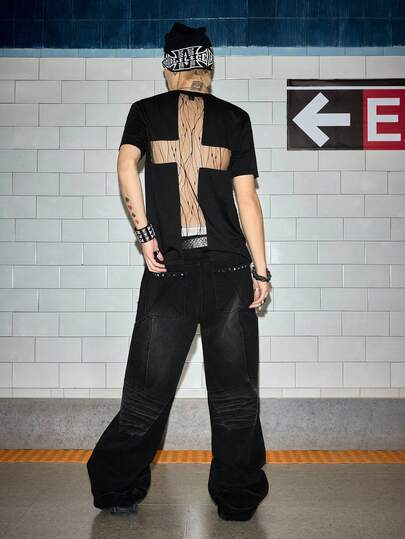 ROMWE MEN Grunge Punk 男士性感网纱拼接露背短袖T恤，春夏款