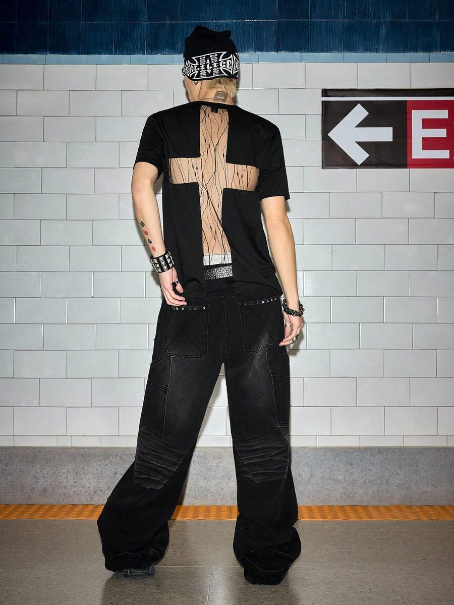 ROMWE MEN Grunge Punk Men's Sexy Mesh Patchwork Backless Short Sleeve T-Shirt, Spring/Summer - Black - View 1