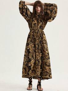 Aveloria Modichic Fashionable Boho Casual Loose Retro Black & Gold Random Cashew Flower Print Tie Neck Double Ruffle Flare Sleeve Dress With Drawstring Waist - Multicolor - View 4