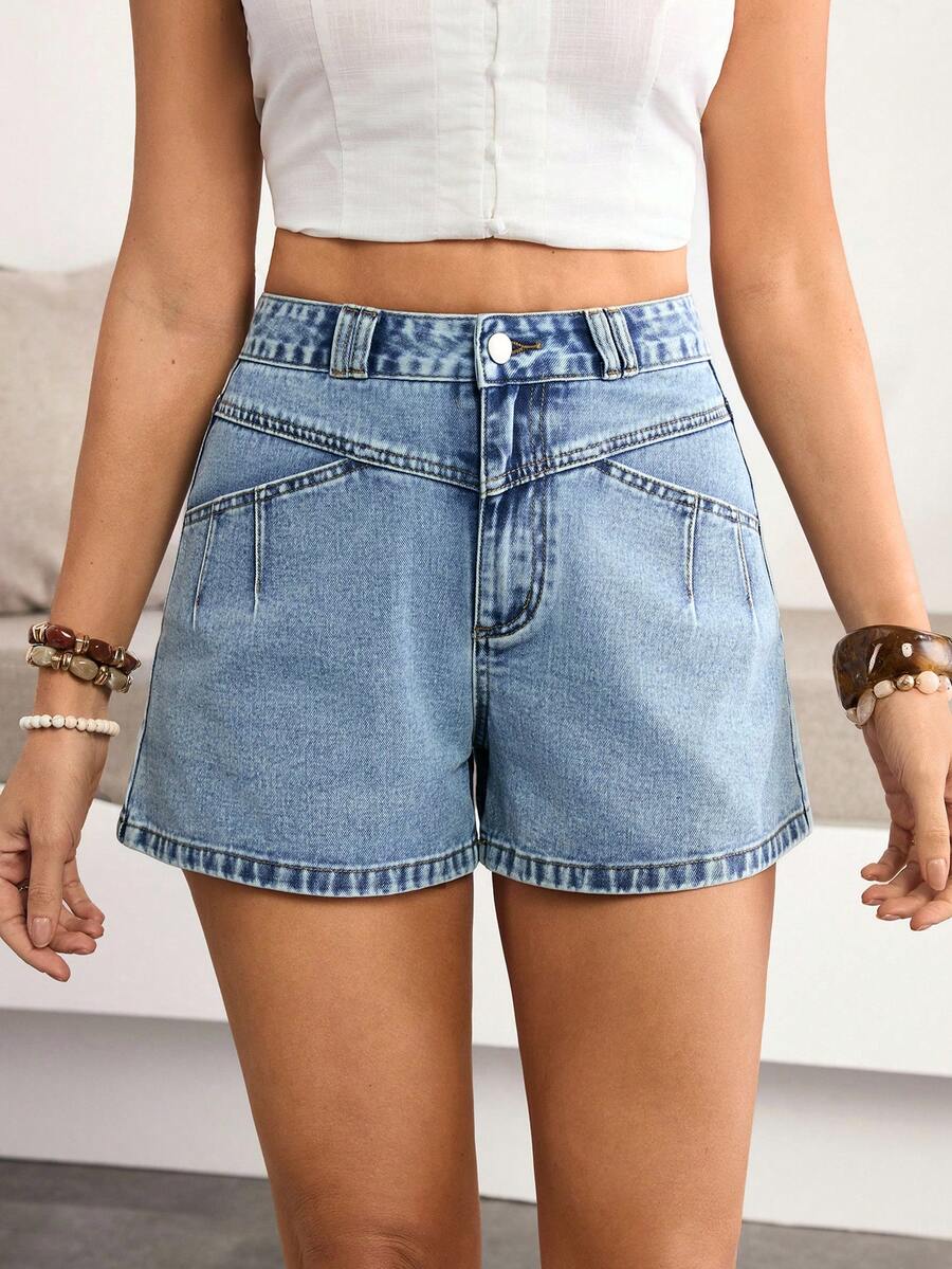 Breezaya 女士休闲水洗高腰牛仔短裤，夏季 - 藍色 - 查看 1