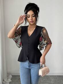 Elenzga Women's V-Neck Button Design Floral Embroidery Mesh Ruffle Trim Elegant Blouse - Black - View 3
