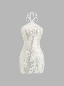 Sweetra Women's Spaghetti Strap Sequin Embellished Short Dress, Sexy Vacation Style, Spring/Summer - White - View 1