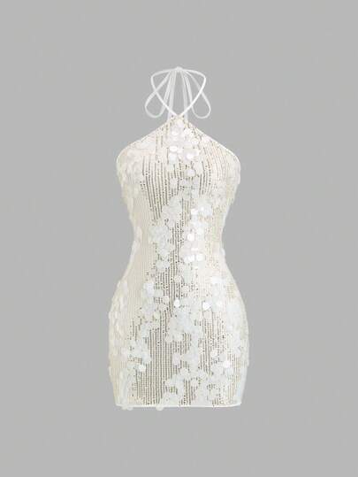 Sweetra Women's Spaghetti Strap Sequin Embellished Short Dress, Sexy Vacation Style, Spring/Summer