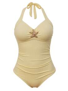 Sweetra 2pcs Plus Size Women Summer Holiday Special Fabric Metallic Starfish Decor Halter One-Piece Swimsuit With Cover-Up Skirt - Beige - View 3