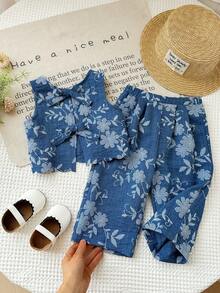 SHEIN LMoss Kids 女嬰刺繡花卉裝飾蝴蝶結上衣套裝 藍色兩件套 花卉兩件套 嬰兒女嬰 - 彩色 - 查看 2