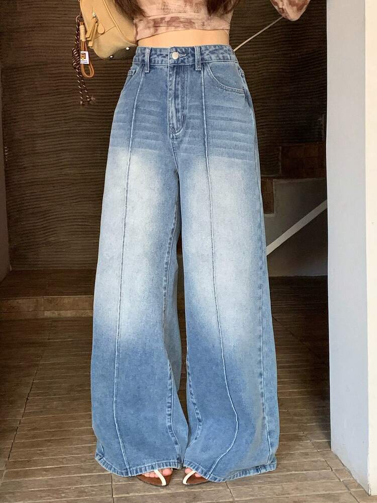 Women's Casual Fashion Street Style Daily Commute Korean Girly Versatile Washed Loose Wide-Leg Jeans