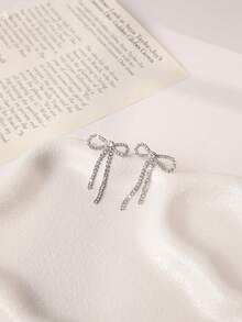 Enchnt 1 Pair Elegant Bowknot With Tassel Earrings, Suitable For Women's Daily Wear Valentines,Mom,Mother,Mother's Day,Gift - Silver - View 2