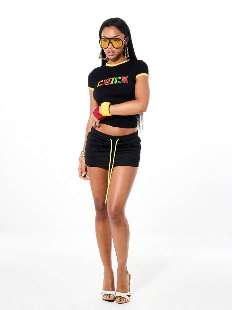 SUMWON Contrast Trim Ringer Baby Tee With Colorful Text Design Casual Fitted Short Sleeve Crew Neck Top