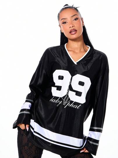 BABYPHAT Long Sleeve Rhinestone Accented Jersey Style Top With Oversized Fit And Varsity Numeric Print Design For Casual Streetwear Fashion