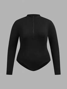 SHEIN Tall CURVE 大码女式两件套黑白半拉链高领修身休闲长袖连体衣 - 粉色 - 查看 5