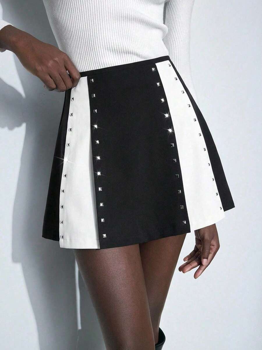 Maija 女士黑色亮片装饰褶皱A字裙,百搭时尚闪亮铆钉装饰褶皱裙,适合派对、约会、办公室、休闲、低调优雅的都市通勤、杂志编辑同款、轻松街头咖啡馆风、海滩等场合,春夏皆宜,情人节连衣裙、派对裙、春季女装、夏季S码、女士夏季裙装、情人节、女士海滩S码、优雅女士衬衫、夏季度假S码、女士休闲衬衫、黑白撞色、美甲、春假 - 黑與白 - 查看 1