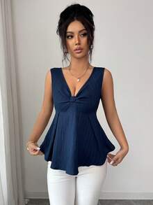 Rafferiza 女士优雅纹理面料无袖背心，休闲度假通勤装，春夏款 - 藏蓝色 - 查看 3