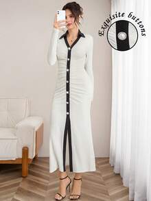 Opuloom فستان طويل أنيق للنساء في الربيع، ذو ياقة منقلبة باللونين الأسود والأبيض، بأكمام طويلة مضفرة، خصر مربوط، أزرار لؤلؤية، مناسب للارتداء اليومي، العمل، الخروج، المواعيد، العشاء، العطلات - متعدد الألوان - مشاهدة 6