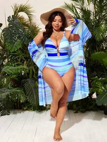 Slaydiva Plus Size Women 2-Piece Set,Blue Summer Boho Beach Holiday Striped Print Mesh Sheer One Piece Swimsuit With Metal Accessory High Collar Slim Fit - Blue - View 5