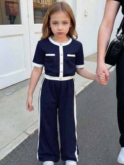 SHEIN Serisse Kids 2pcs/Set Young Girl Casual Formal Elegant Contrast Pearl Button Top & Straight Leg Contrast Color Pants, Back To School, Girly Outfit,