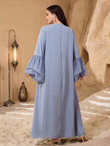 Al Najma Plus Size Middle Eastern V-Neck Pearl Trim Decor Long Sleeve Puff Cuff Rhinestone Embellished Loose Fit Shiny Comfortable Party Maxi Dress - Dusty Blue - View 2