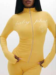 BABYPHAT Áo dài tay có khóa kéo, in chữ và cổ đứng, thích hợp mặc hàng ngày. - Màu vàng ngỗng - Xem 5