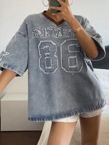 DAZY 女士V领水洗刺绣字母设计宽松短款休闲牛仔上衣，夏季 - 淺色水洗藍 - 查看 3